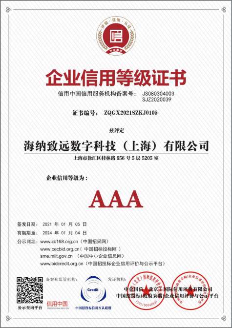 以信为本，海纳数科荣获AAA级企业信用最高等级认证